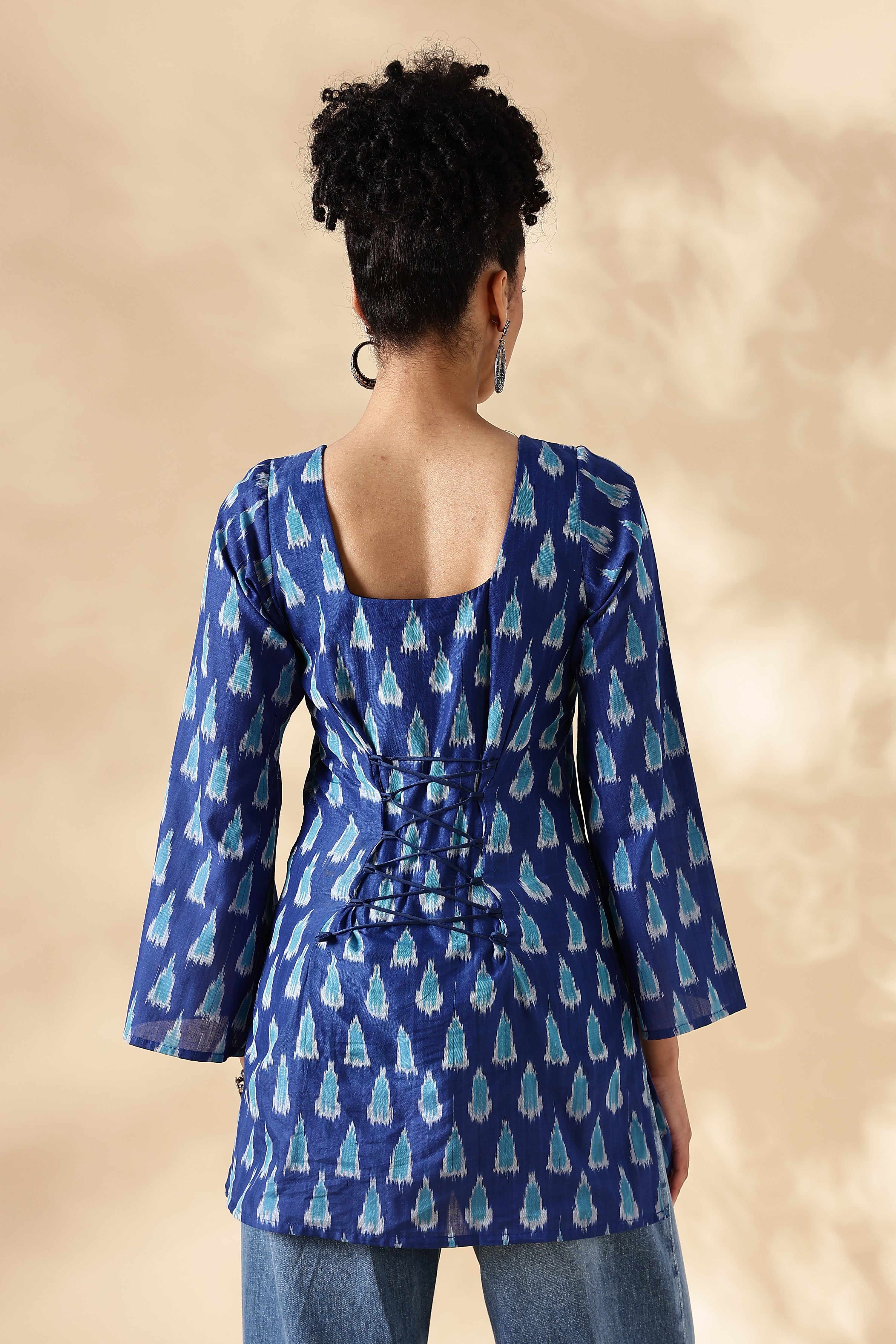 Handwoven Blue Ikkat fitted short Kurti with bell sleeves