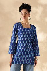 Handwoven Blue Ikkat fitted short Kurti with bell sleeves