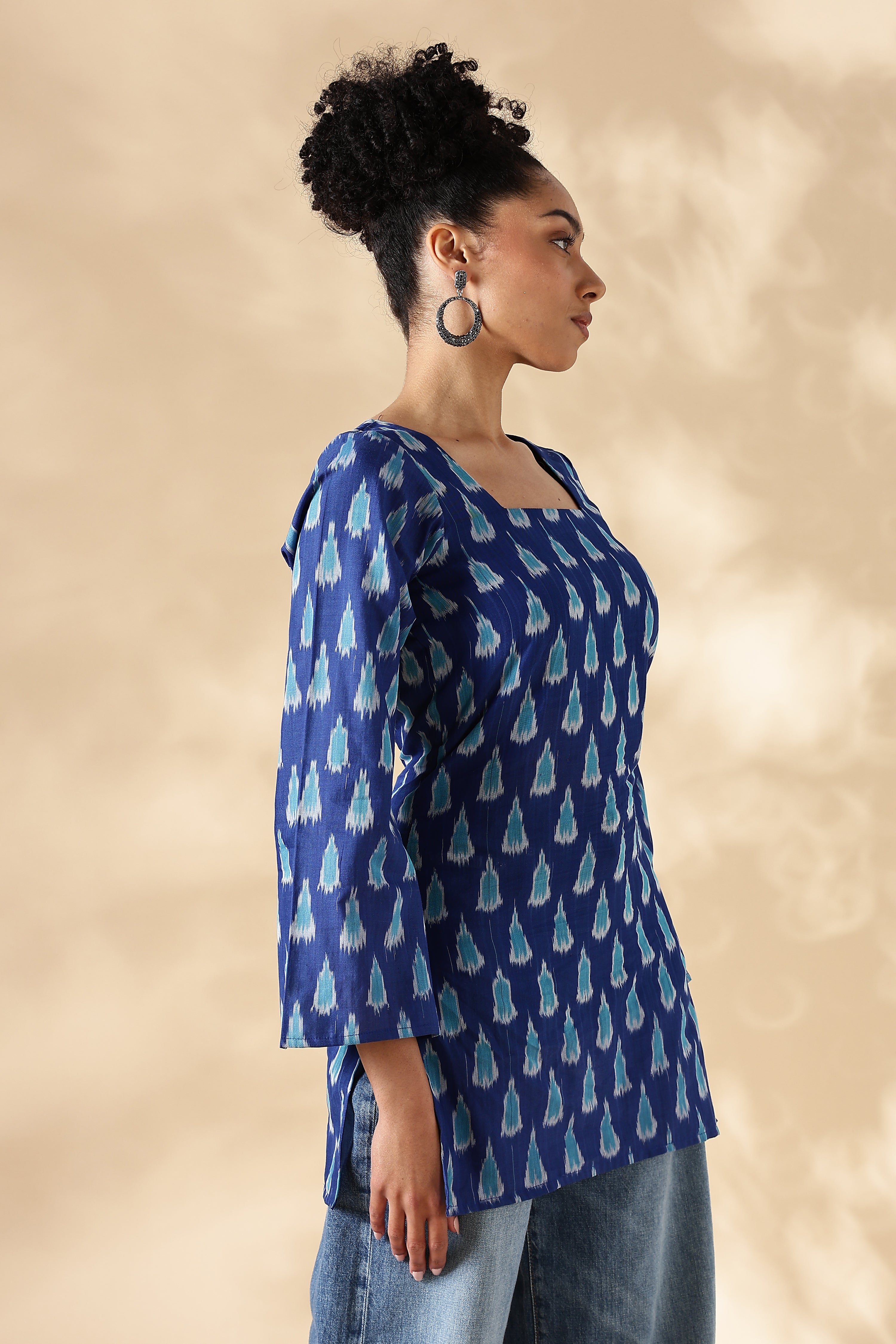 Handwoven Blue Ikkat fitted short Kurti with bell sleeves