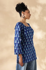 Handwoven Blue Ikkat fitted short Kurti with bell sleeves