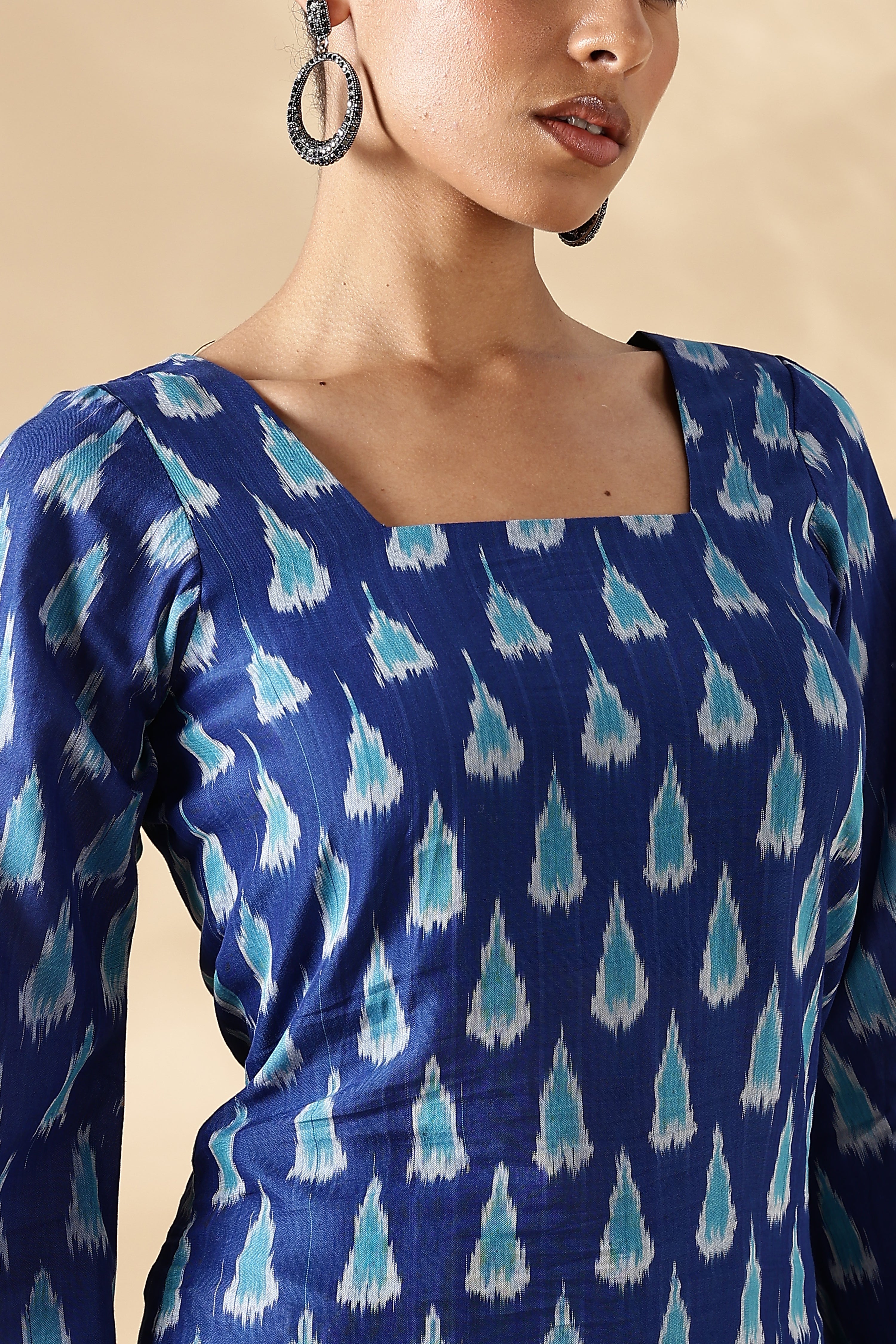 Handwoven Blue Ikkat fitted short Kurti with bell sleeves