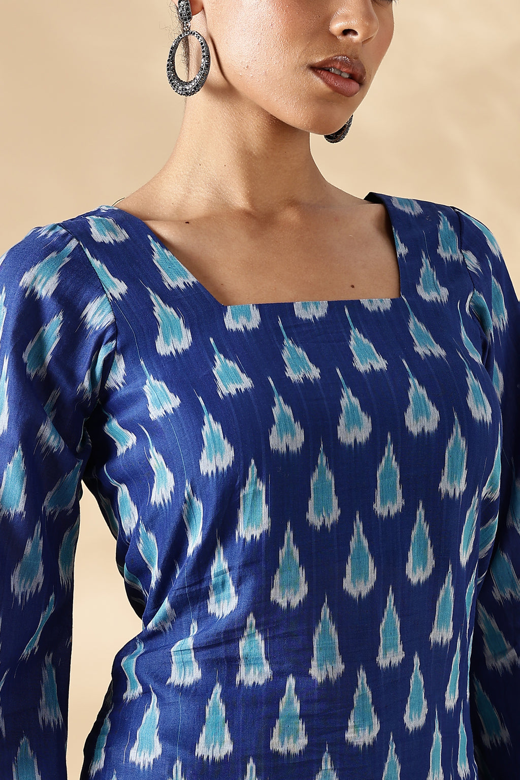 Handwoven Blue Ikkat fitted short Kurti with bell sleeves