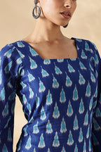 Handwoven Blue Ikkat fitted short Kurti with bell sleeves