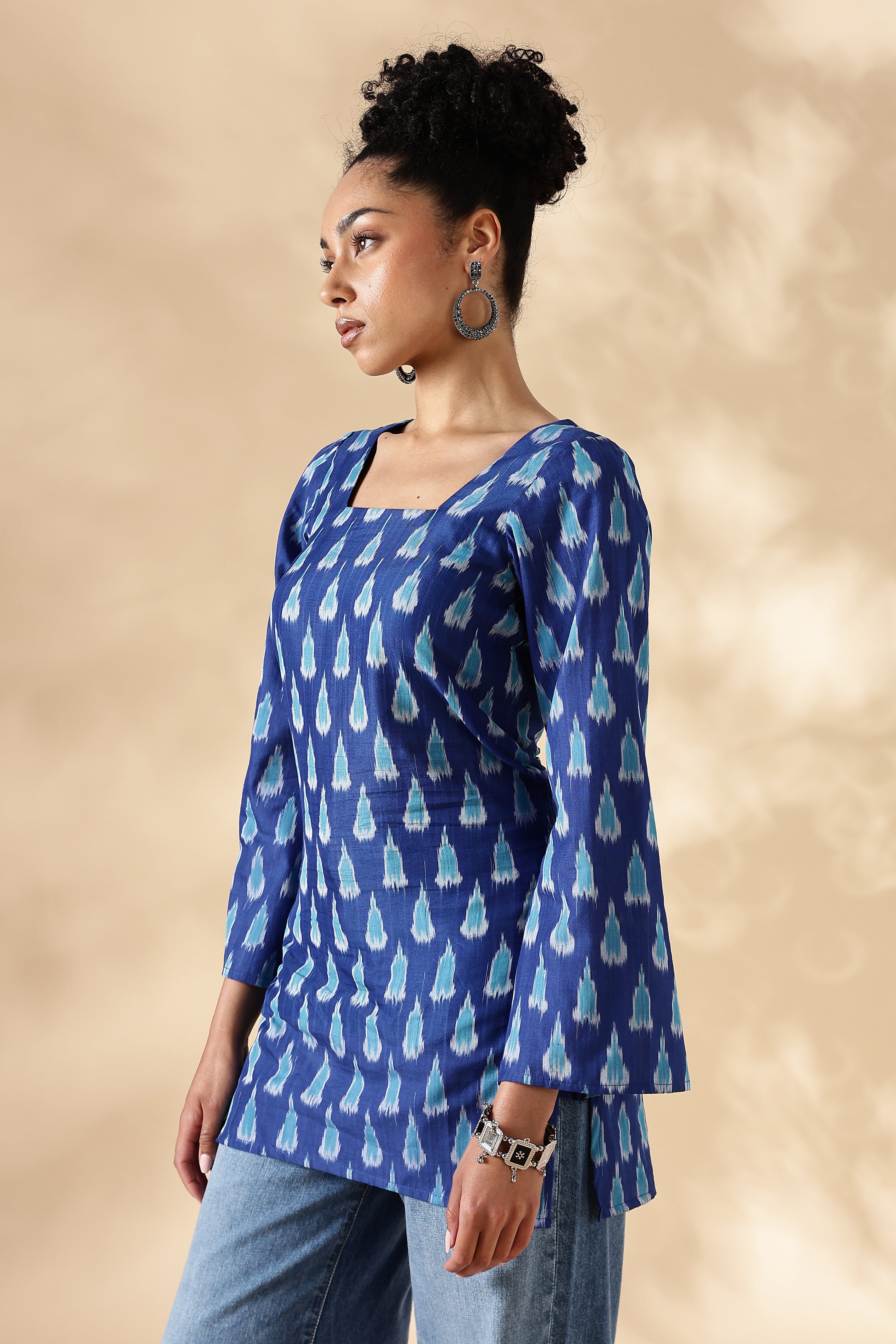 Handwoven Blue Ikkat fitted short Kurti with bell sleeves