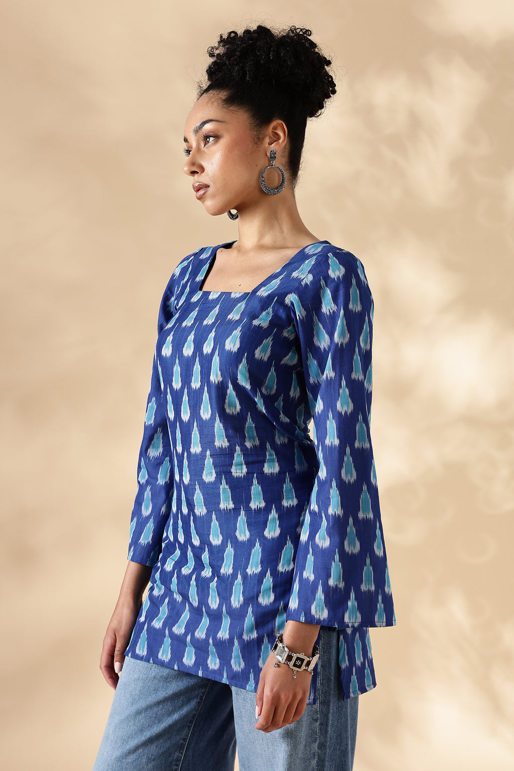 Handwoven Blue Ikkat fitted short Kurti with bell sleeves