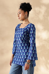 Handwoven Blue Ikkat fitted short Kurti with bell sleeves