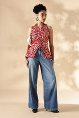 Red Hand block print Collared Waist coat