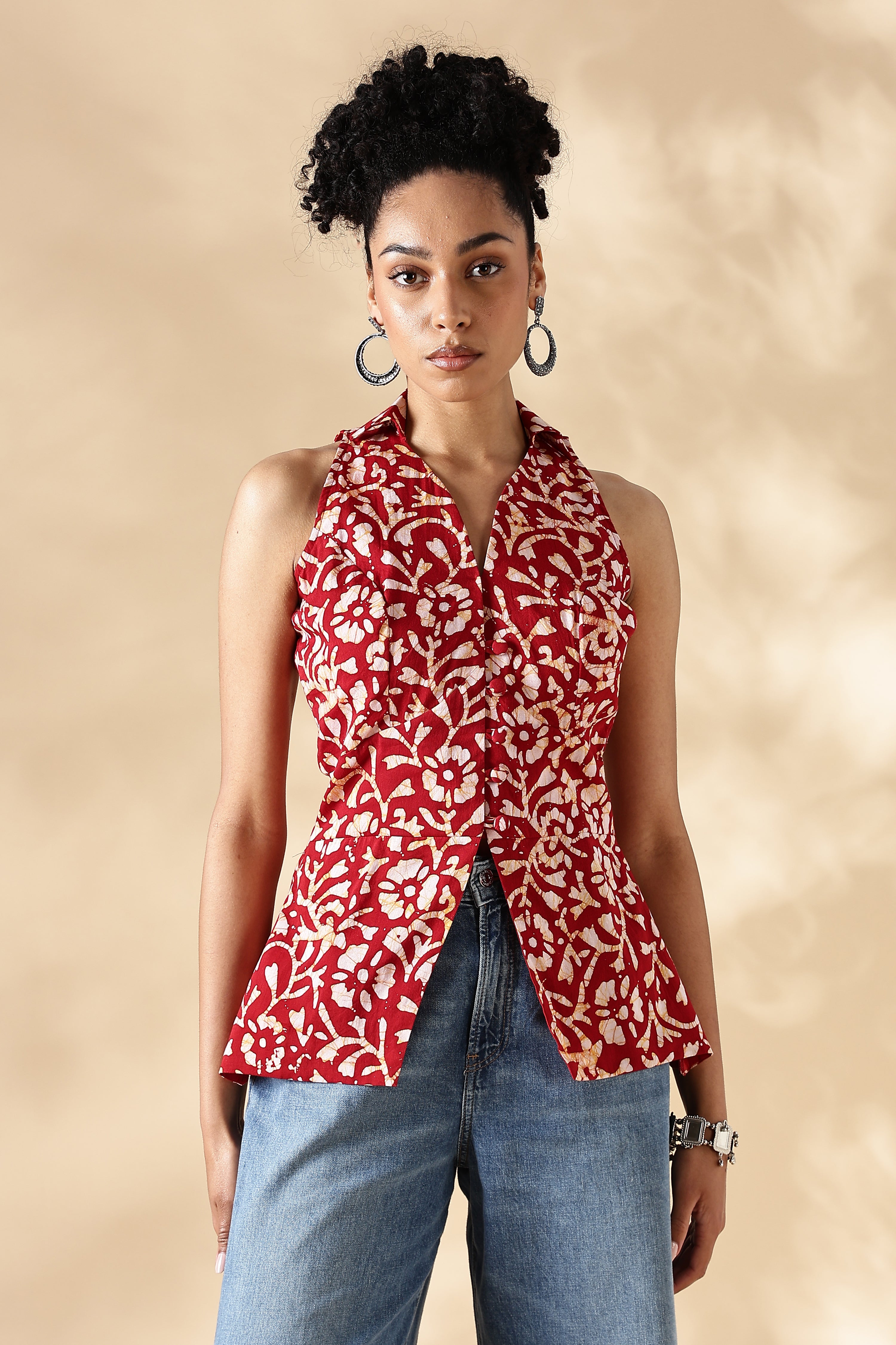Red Hand block print Collared Waist coat