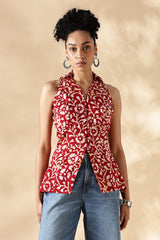 Red Hand block print Collared Waist coat