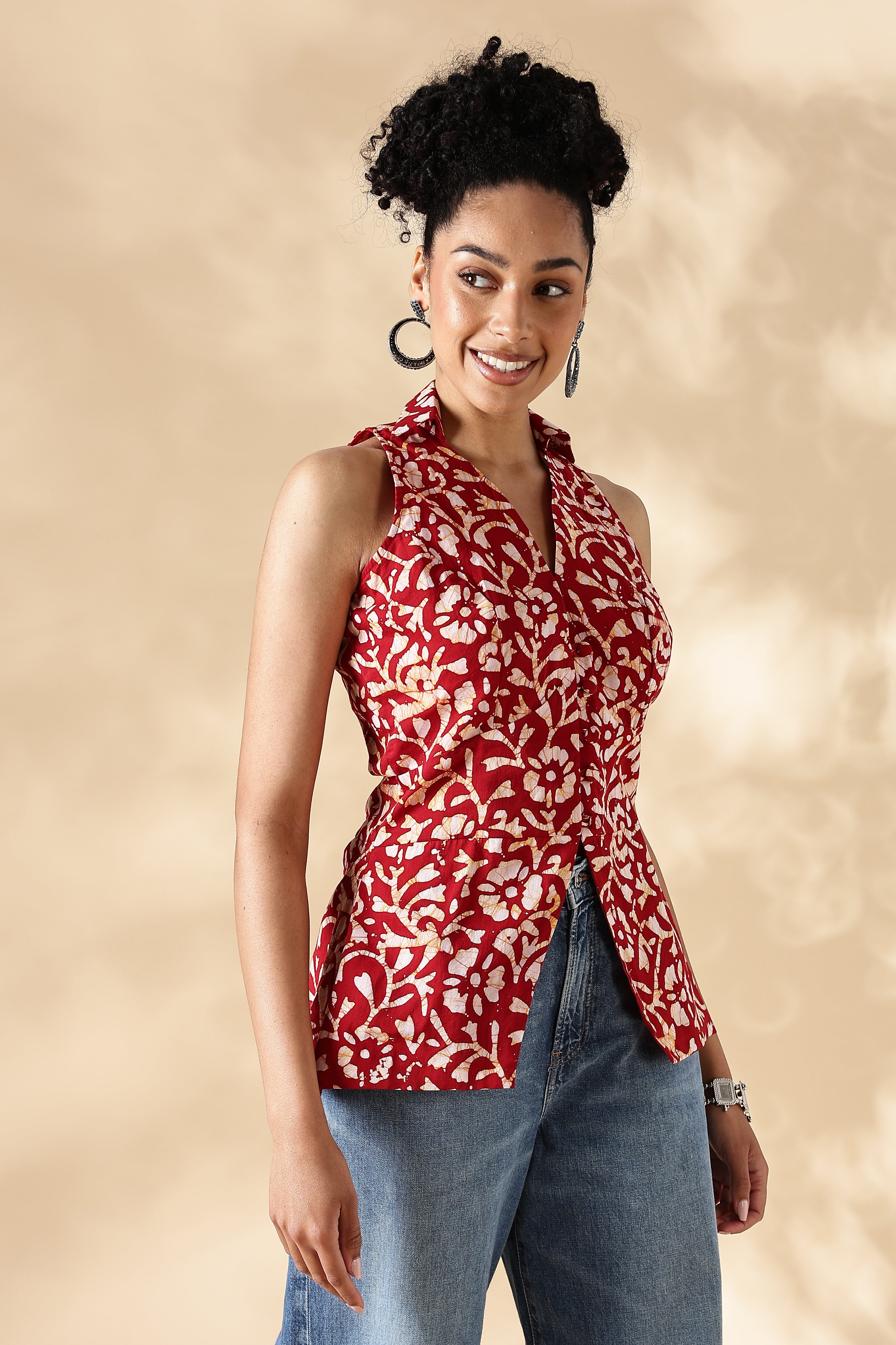 Red Hand block print Collared Waist coat