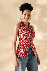 Red Hand block print Collared Waist coat