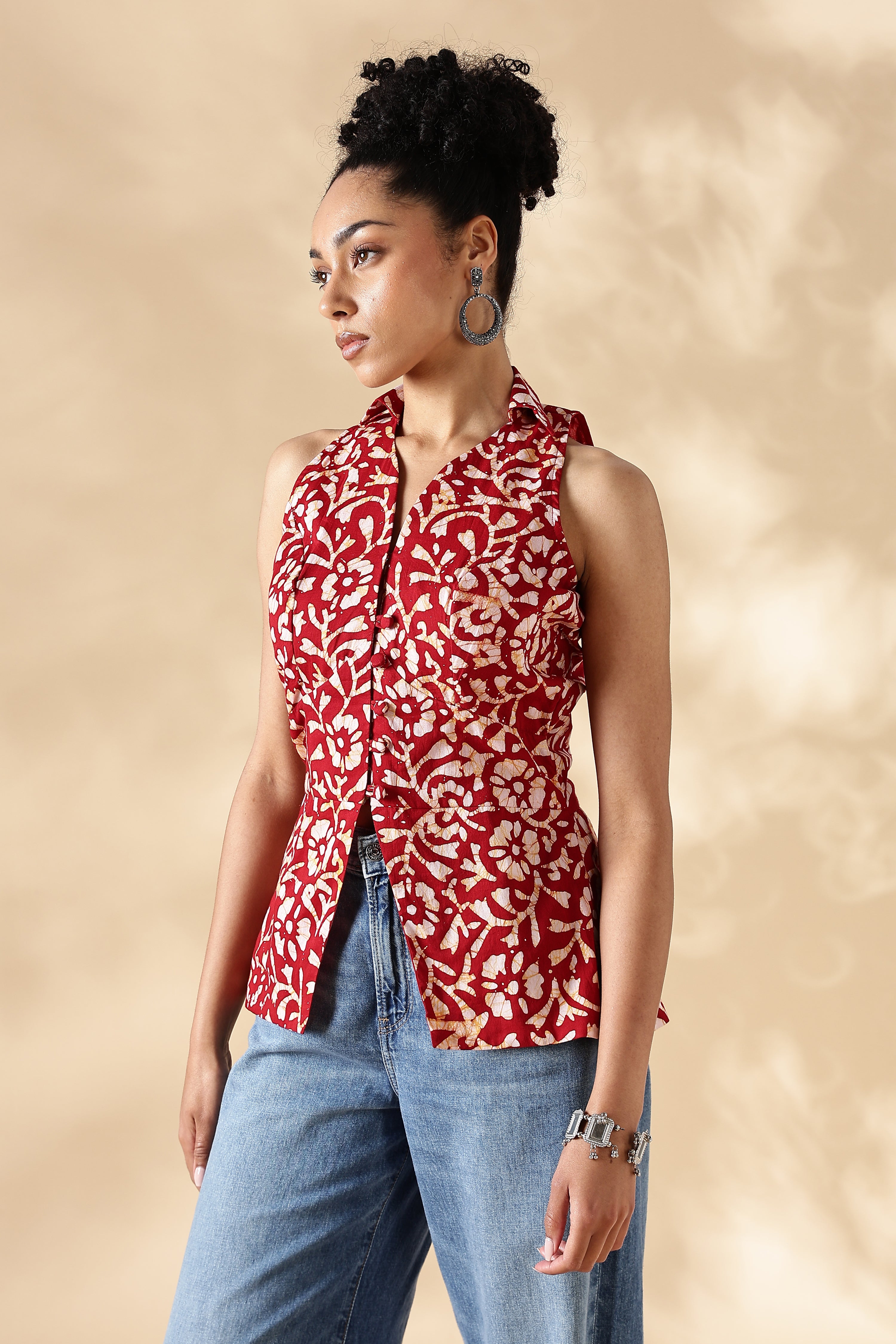 Red Hand block print Collared Waist coat