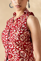 Red Hand block print Collared Waist coat