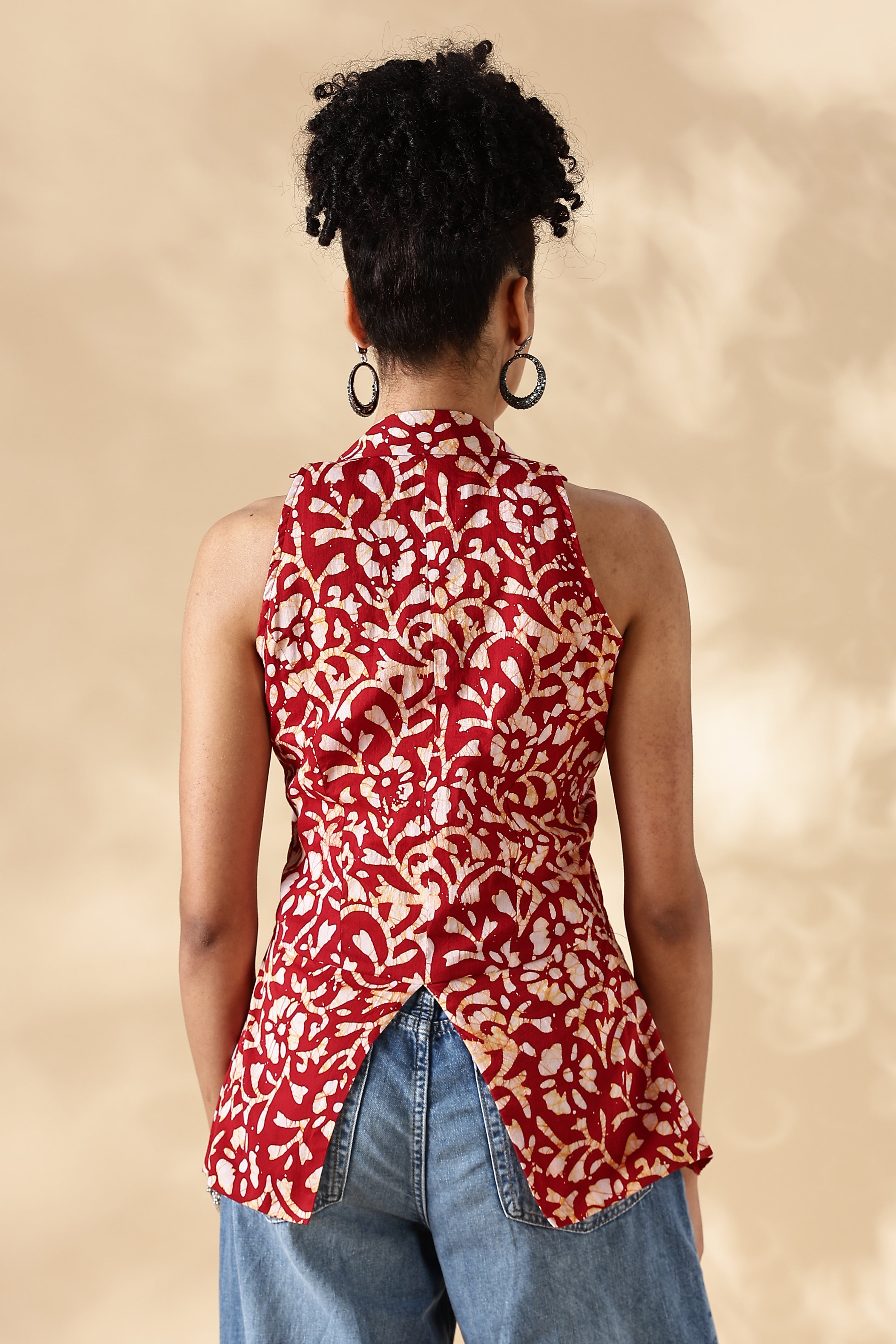 Red Hand block print Collared Waist coat