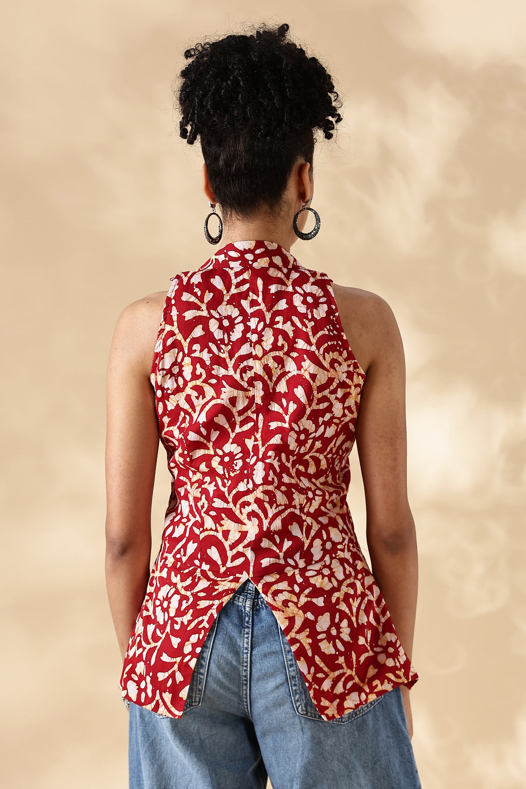Red Hand block print Collared Waist coat
