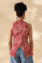 Red Hand block print Collared Waist coat