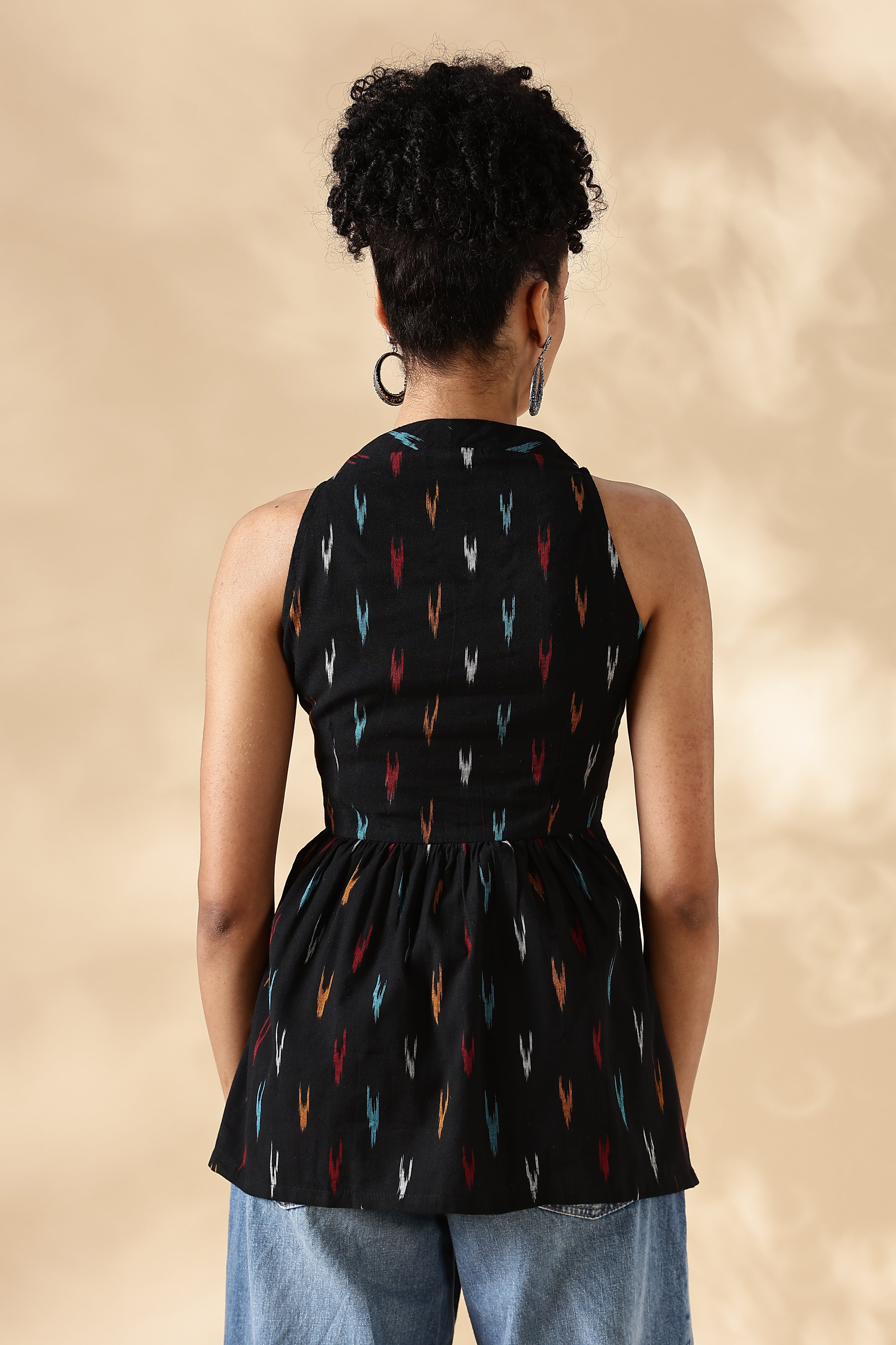 Black Hand-woven Ikkat V-neck Top