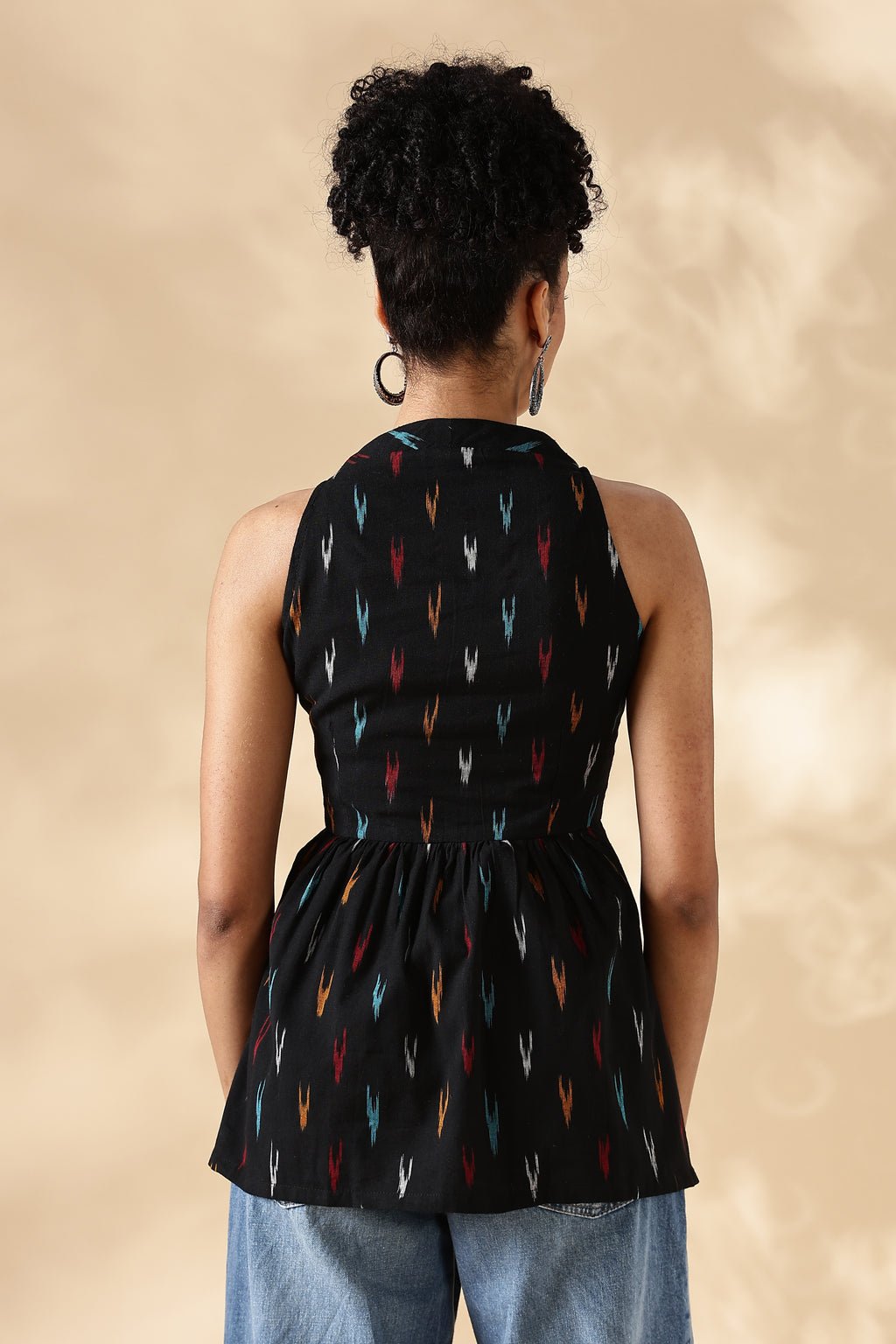 Black Hand-woven Ikkat V-neck Top