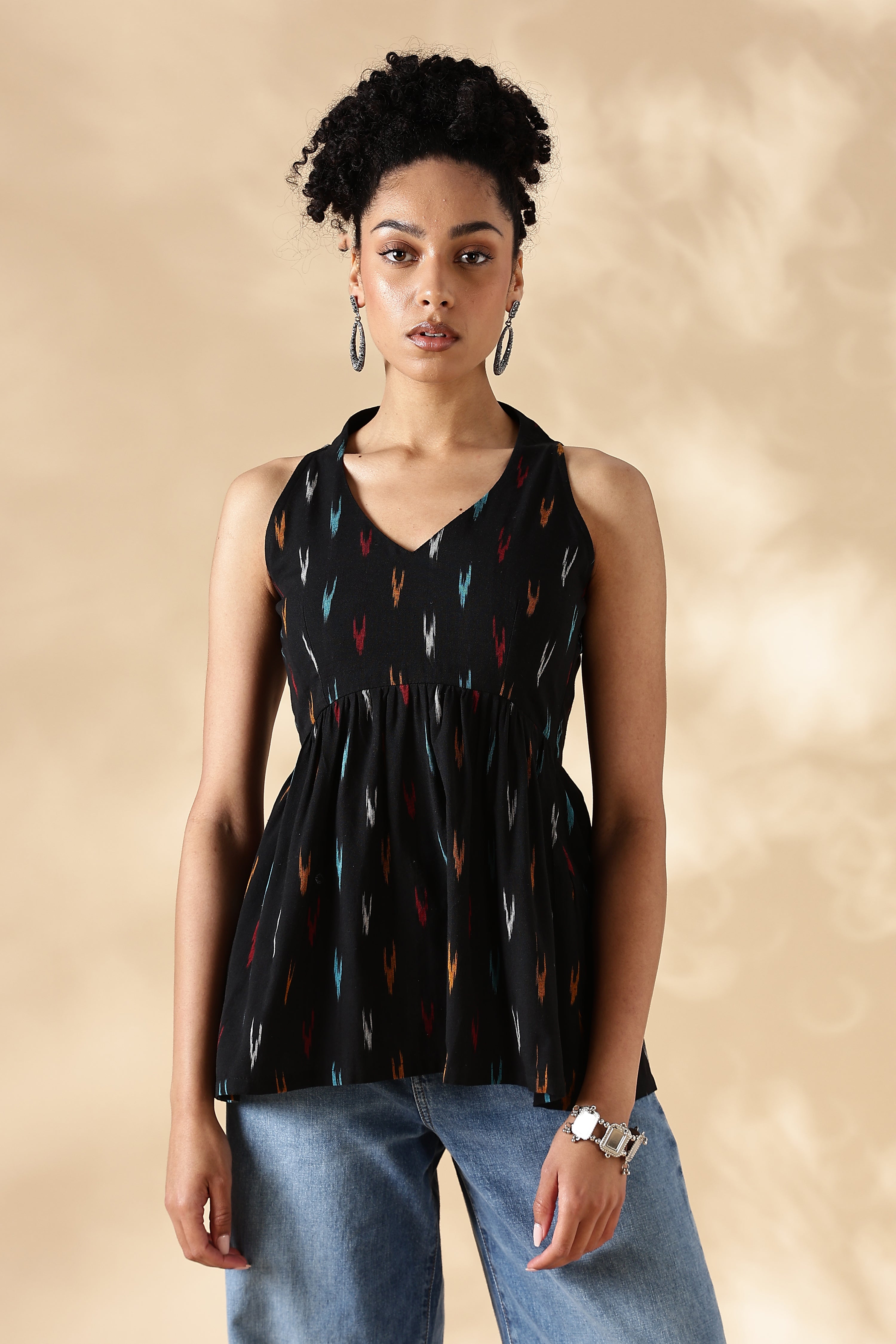 Black Hand-woven Ikkat V-neck Top