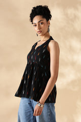 Black Hand-woven Ikkat V-neck Top