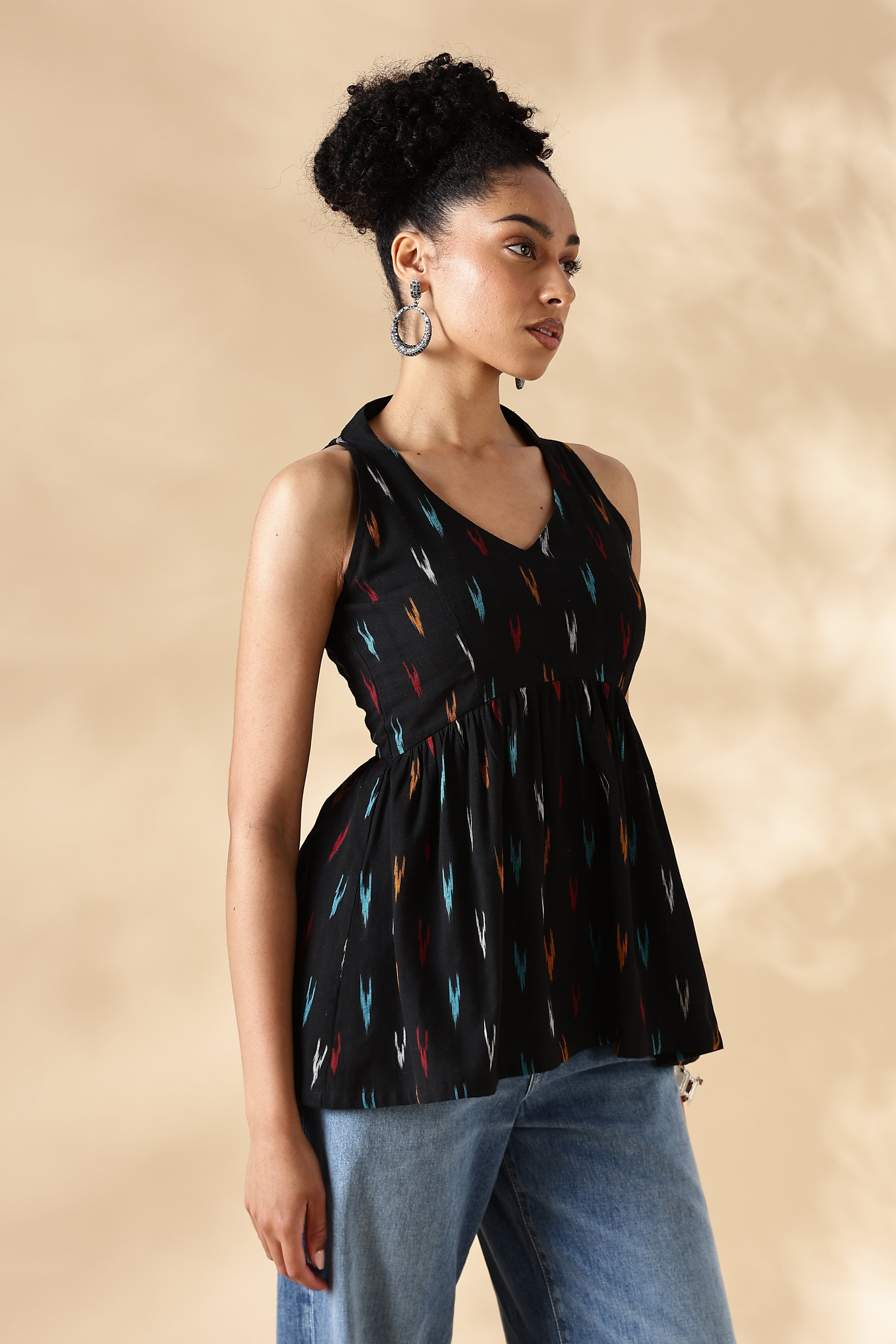 Black Hand-woven Ikkat V-neck Top