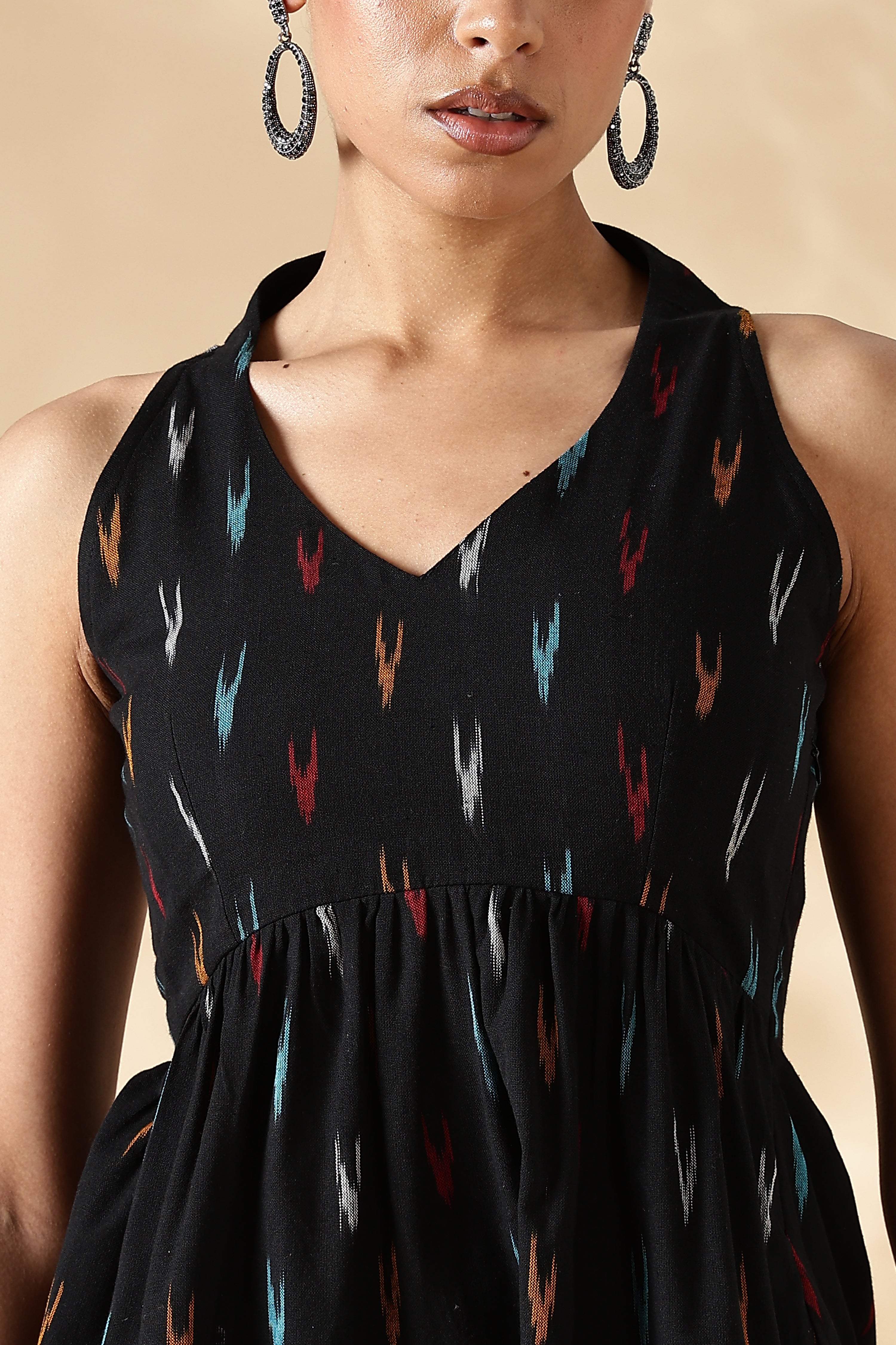 Black Hand-woven Ikkat V-neck Top