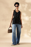 Black Hand-woven Ikkat V-neck Top