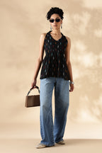 Black Hand-woven Ikkat V-neck Top