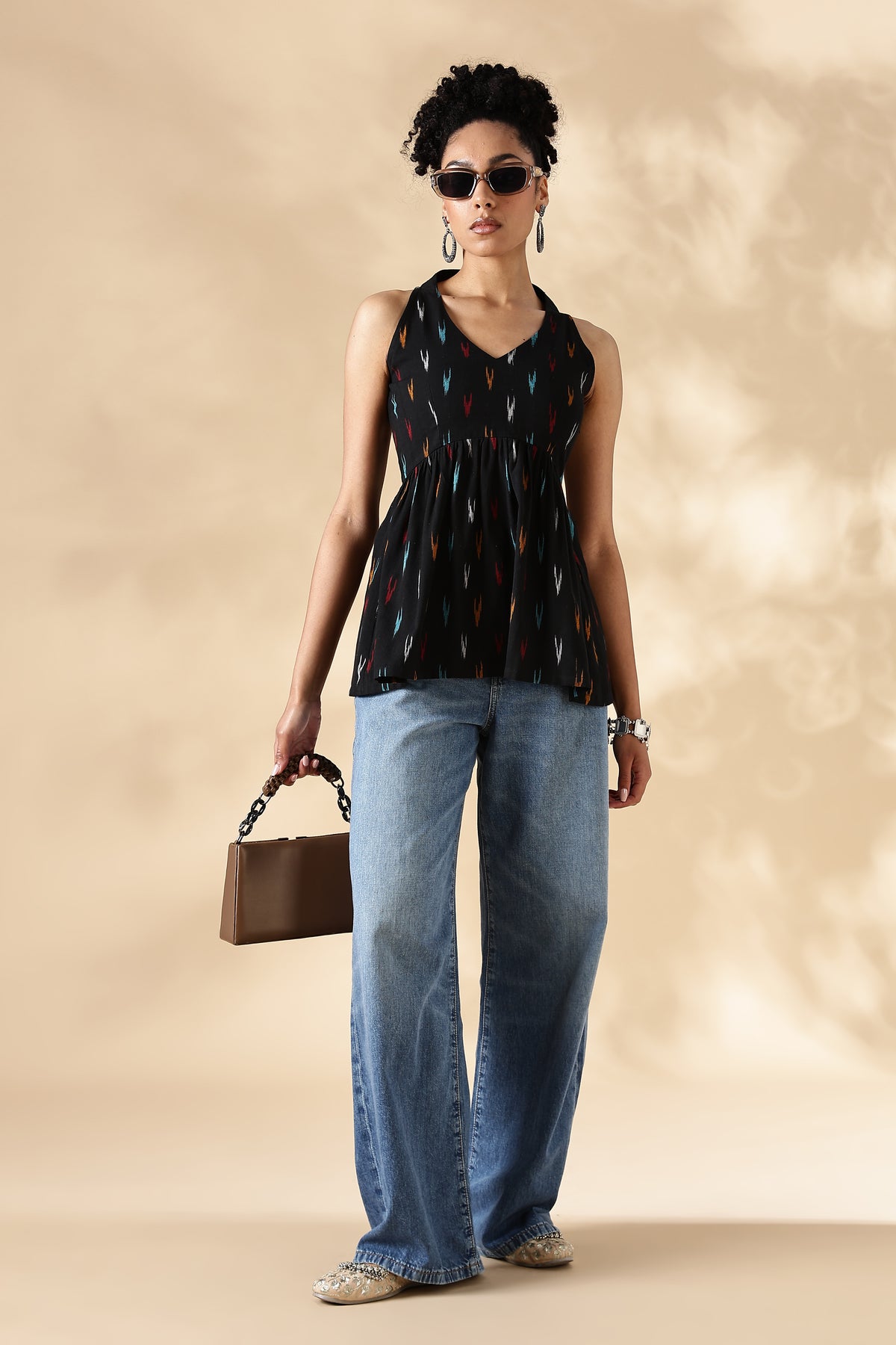 Black Hand-woven Ikkat V-neck Top
