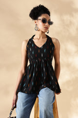 Black Hand-woven Ikkat V-neck Top