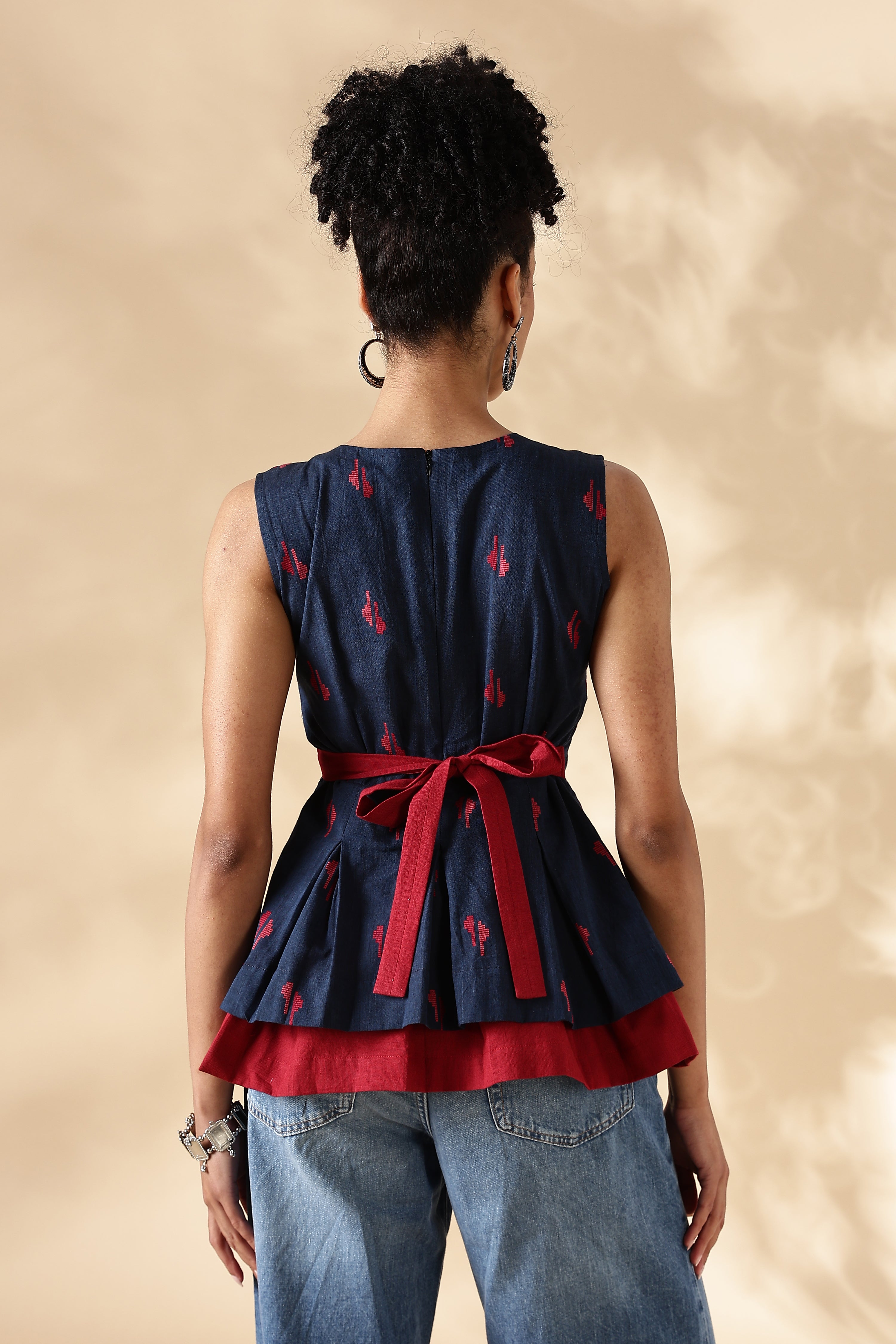 Red and Blue handwoven Jamdani Cotton Layered top