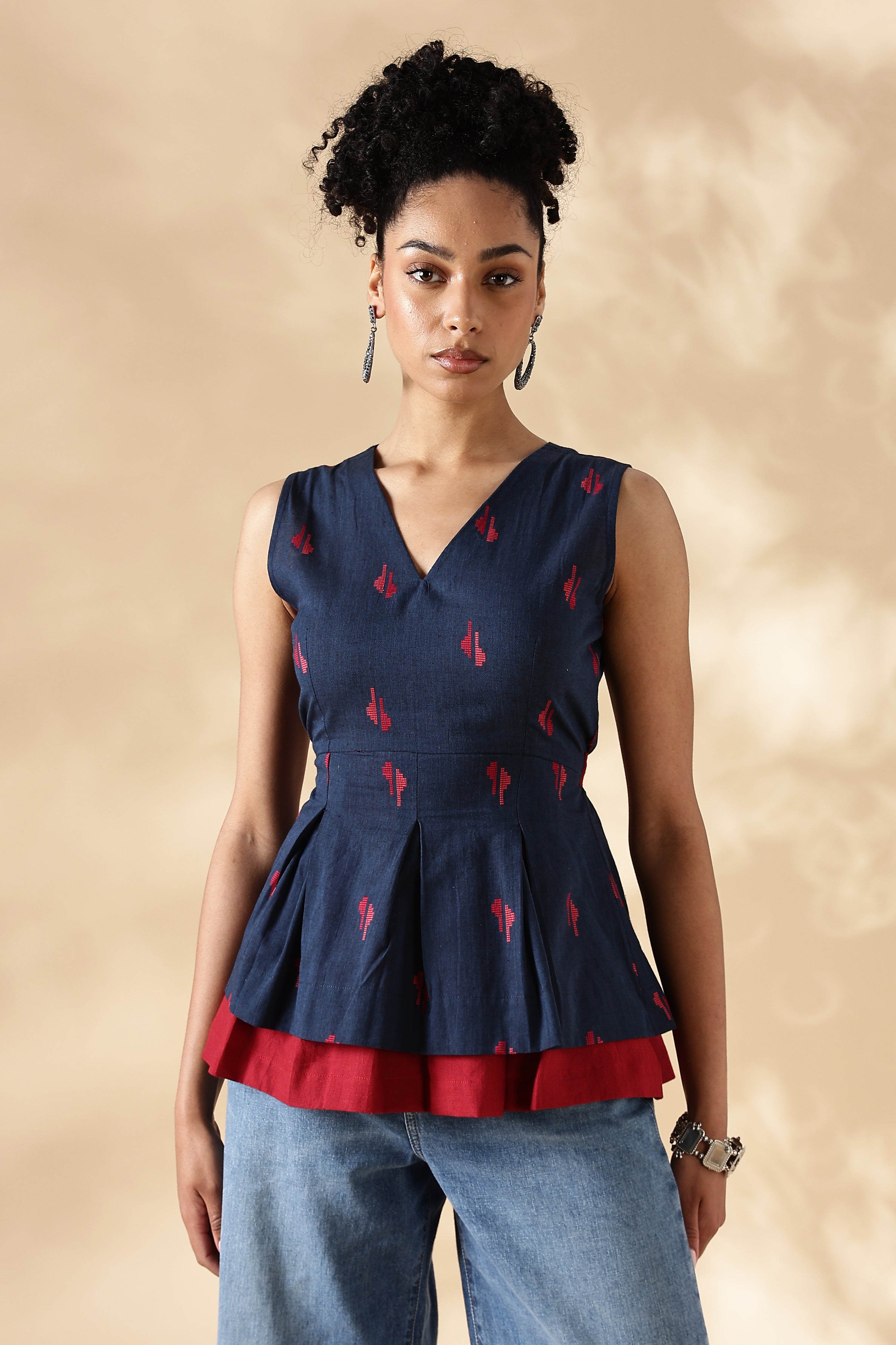Red and Blue handwoven Jamdani Cotton Layered top