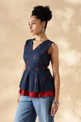 Red and Blue handwoven Jamdani Cotton Layered top