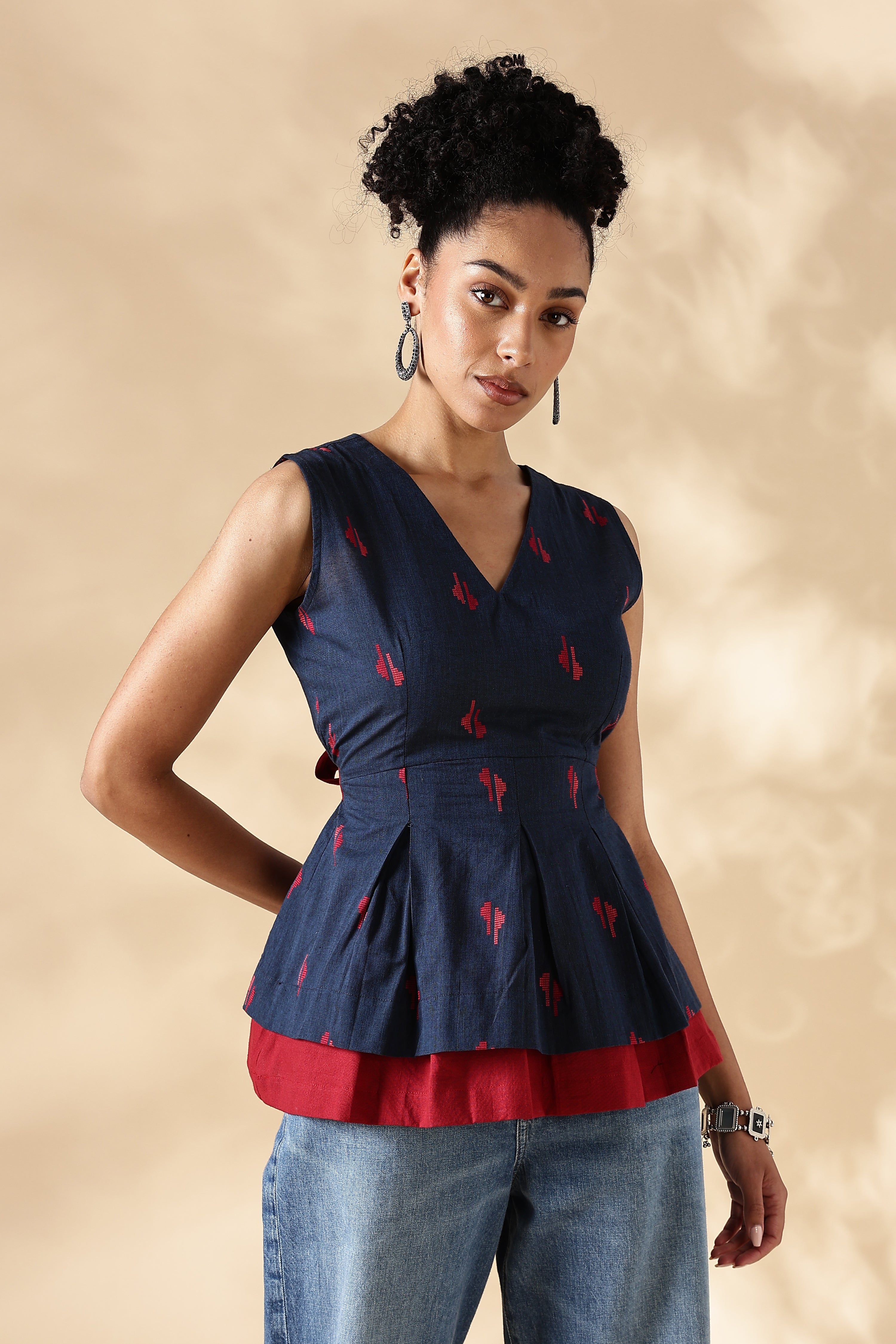 Red and Blue handwoven Jamdani Cotton Layered top