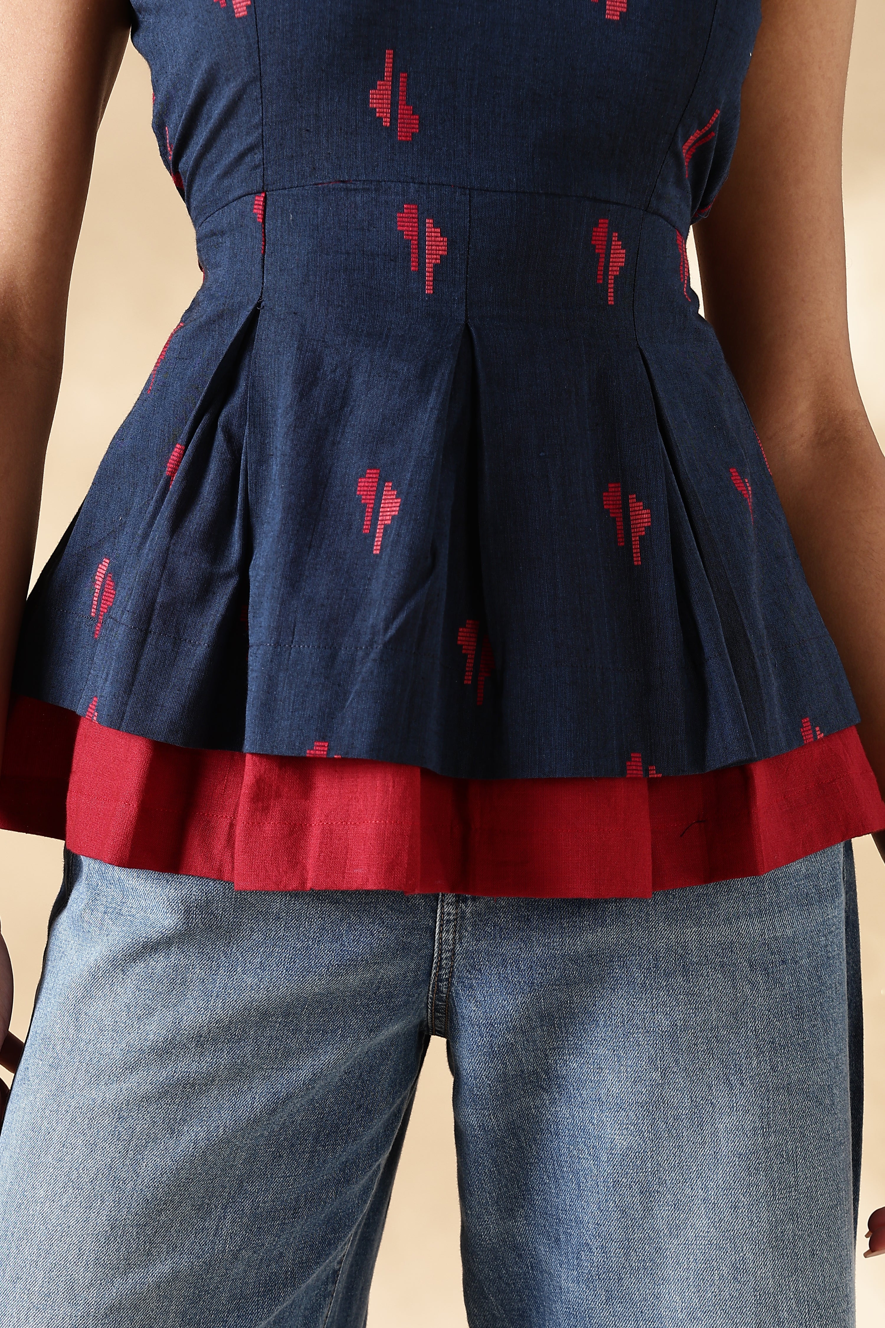 Red and Blue handwoven Jamdani Cotton Layered top