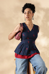 Red and Blue handwoven Jamdani Cotton Layered top