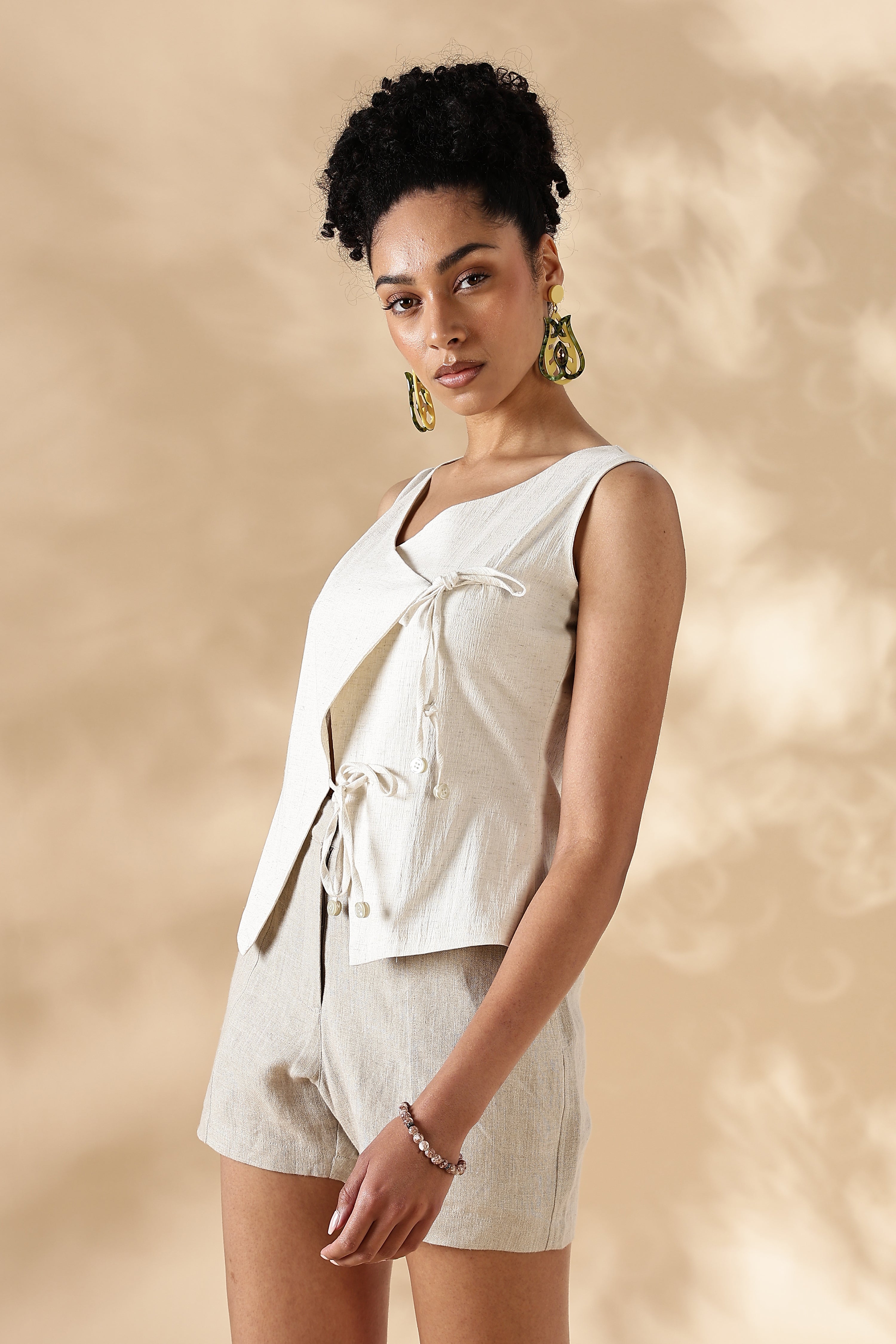 Cream Stretch khadi style Tie-Up top