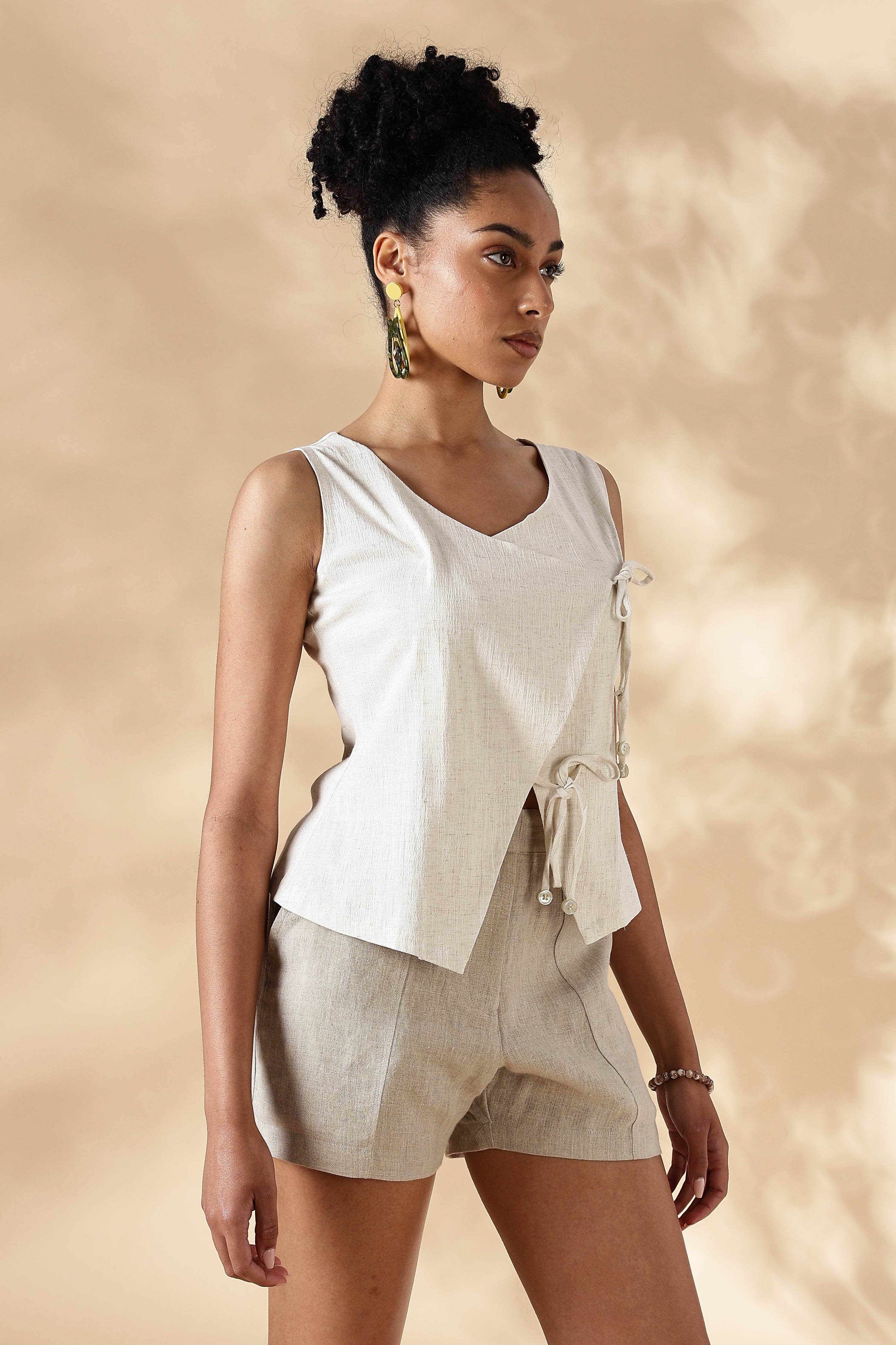 Cream Stretch khadi style Tie-Up top