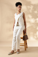 White Stretch khadi style wide legged trousers