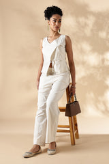 White Stretch khadi style wide legged trousers