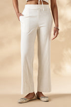 White Stretch khadi style wide legged trousers