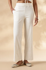 White Stretch khadi style wide legged trousers