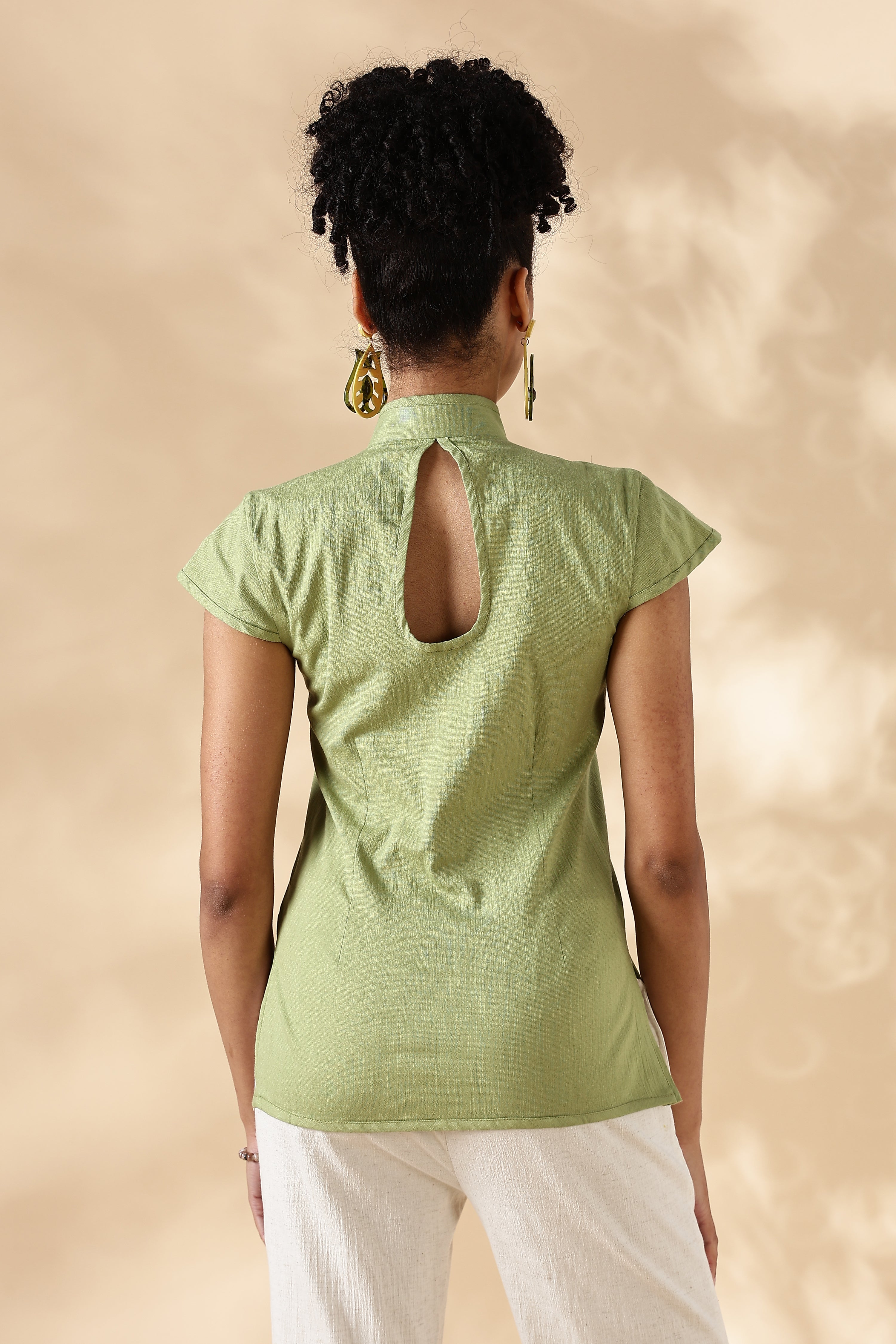 Green Stretch khadi Mandarin style top