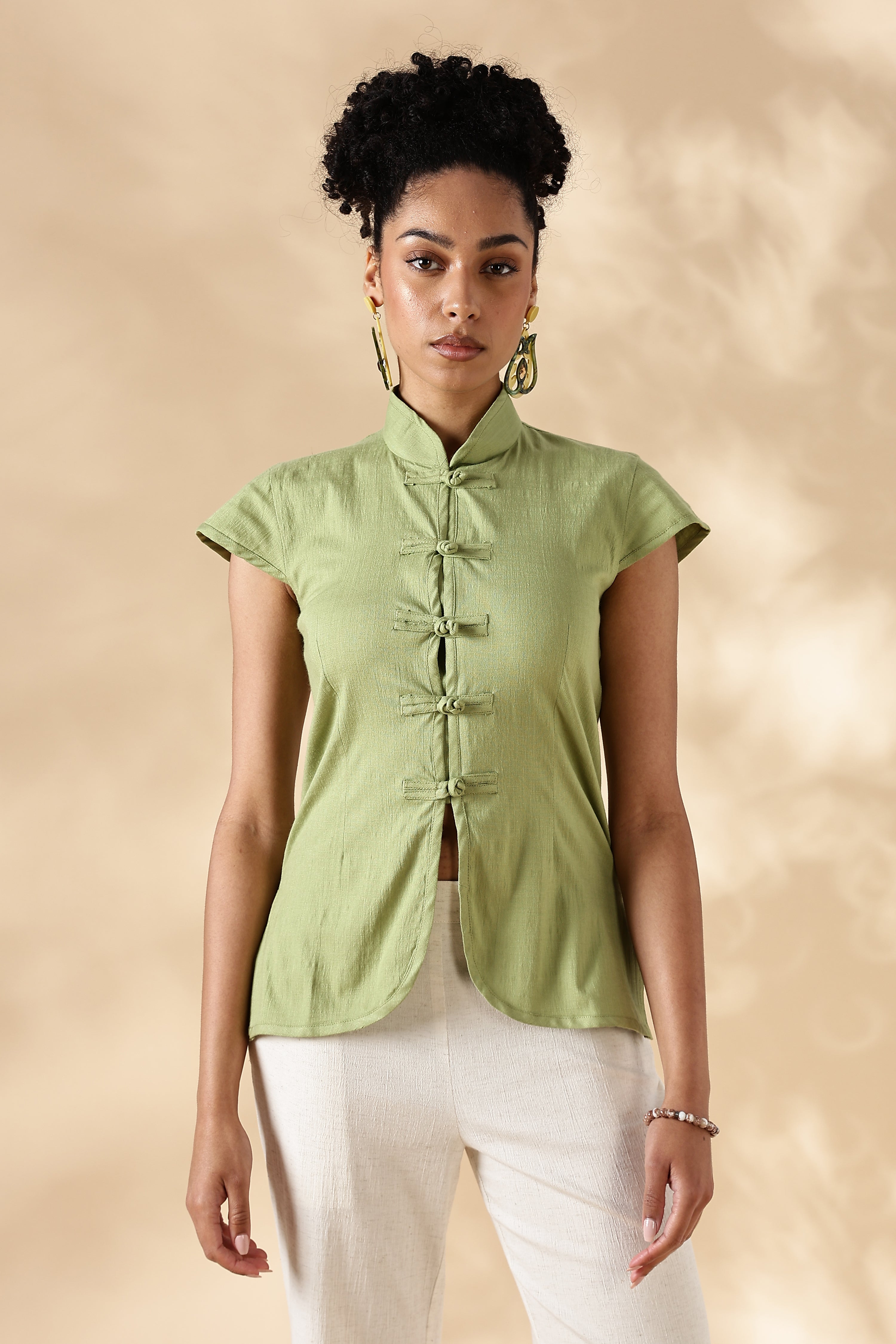 Green Stretch khadi Mandarin style top