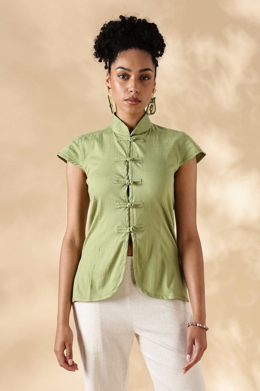 Green Stretch khadi Mandarin style top