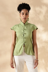 Green Stretch khadi Mandarin style top