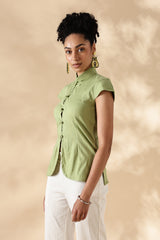 Green Stretch khadi Mandarin style top