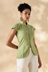Green Stretch khadi Mandarin style top