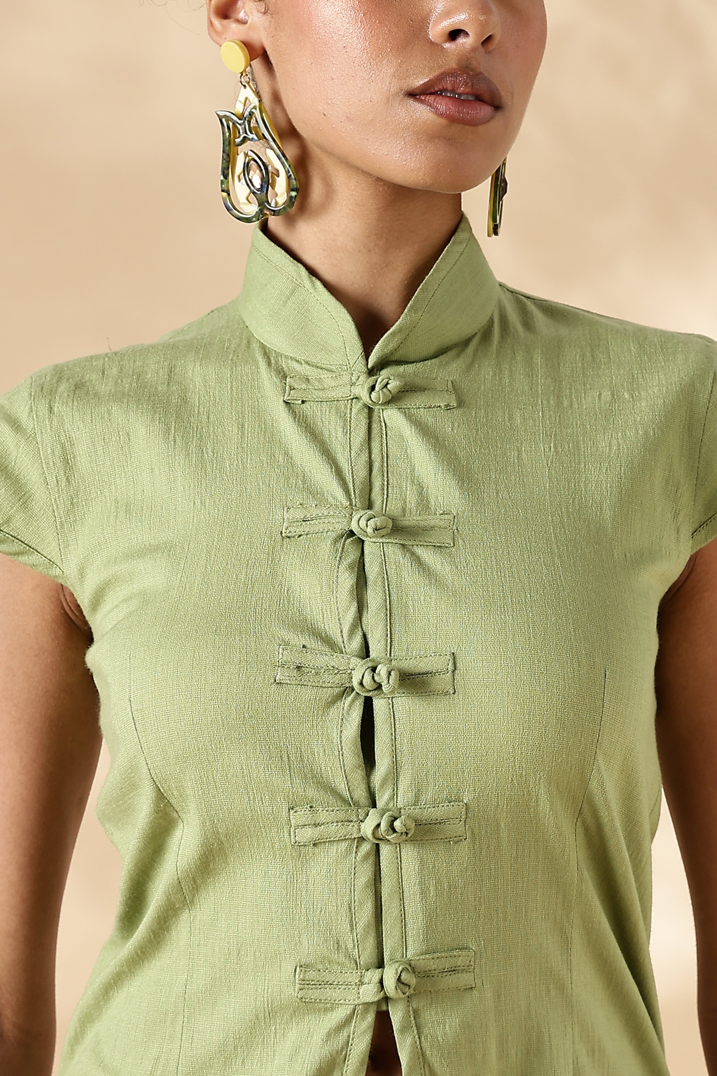 Green Stretch khadi Mandarin style top