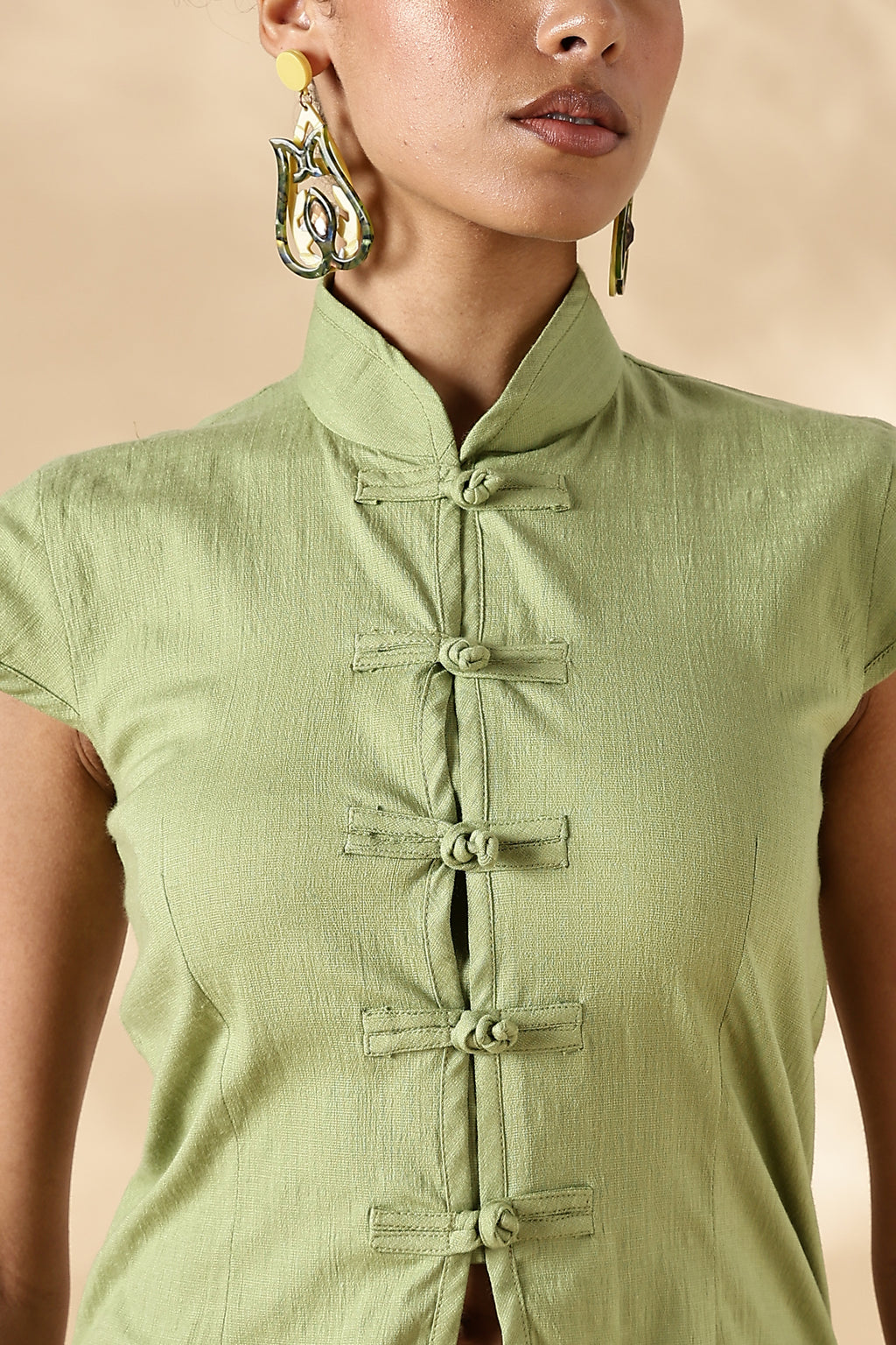 Green Stretch khadi Mandarin style top